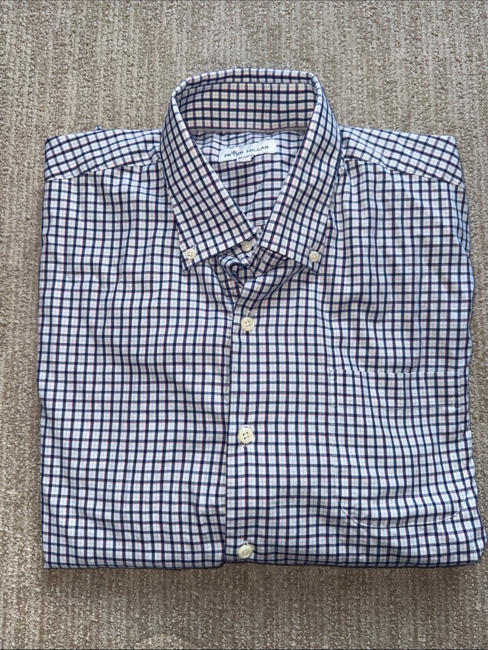 Peter Millar Crown Soft Shirt Men L Navy Plaid Cotton Silk Long Sleeve Button Up